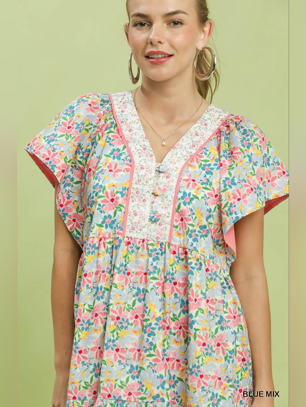 Umgee Mix Floral Tiered Mini Dress with Side Pockets - New Arrival - Picture 5 of 7